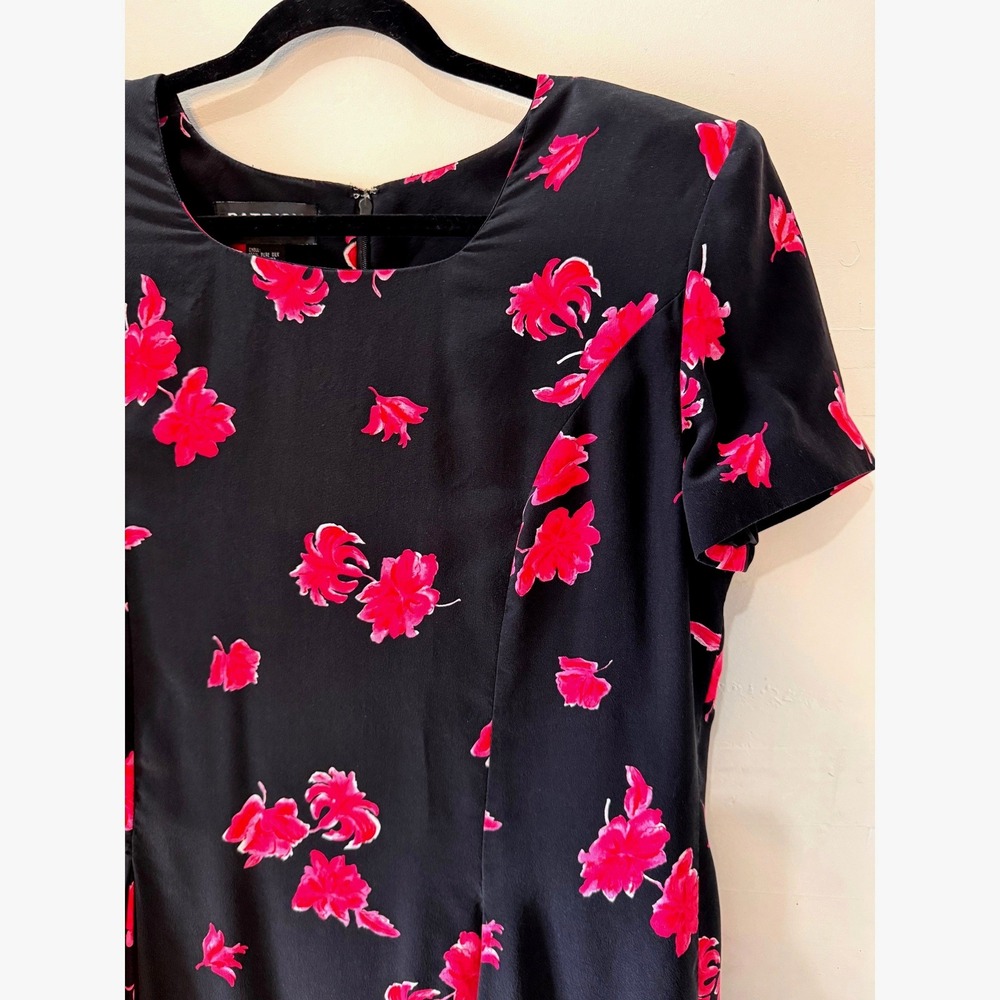 Vintage 90s Patrick Collection Silk Dress Size 14 Black Floral Sheath Grunge Y2K